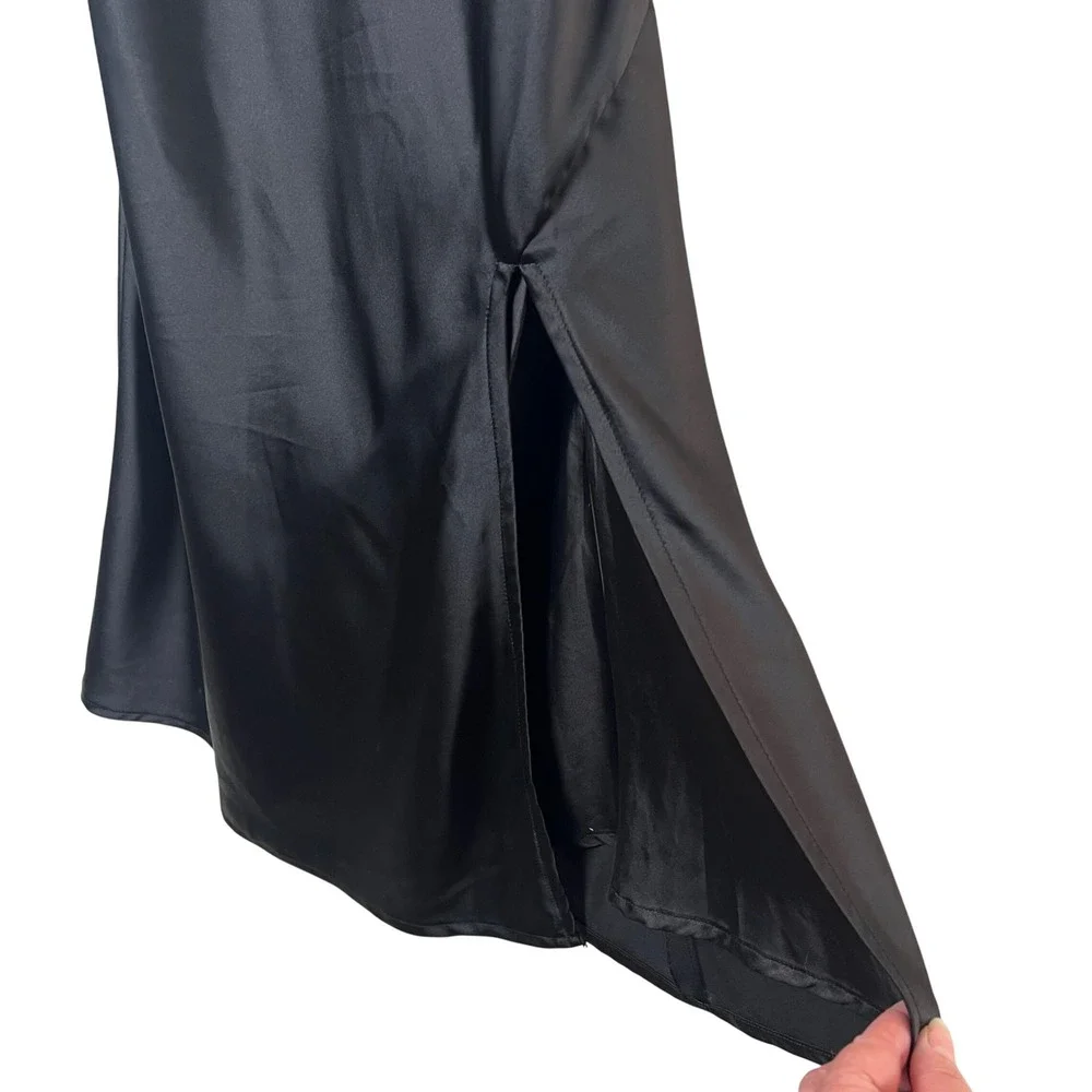 Lulus Black Satin Lace Trim Midi Slip Dress Feminine Adjustable Straps Womens M